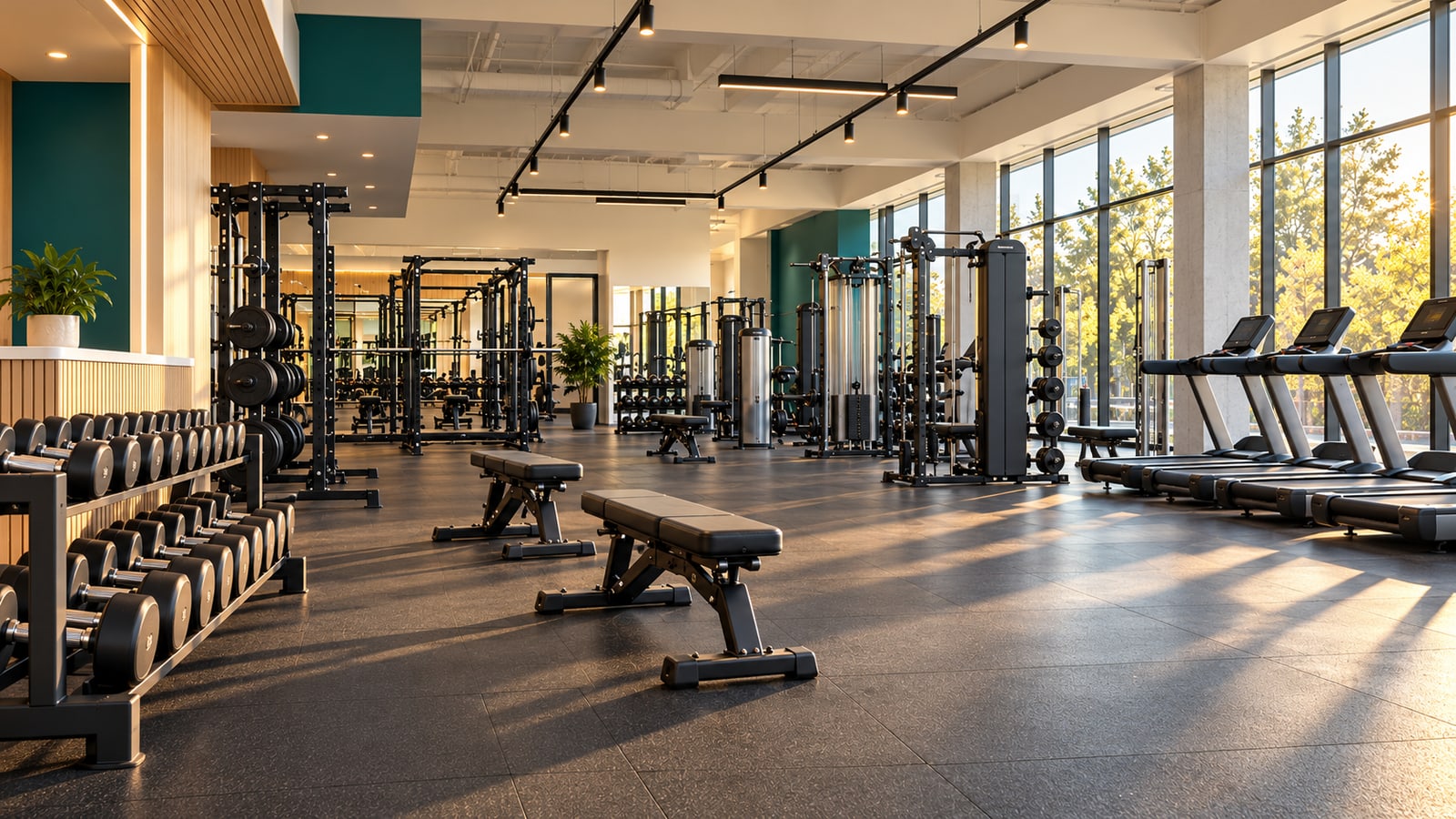 An empty gym floor in late afternoon light, with benches, racks and treadmills beside tall windows