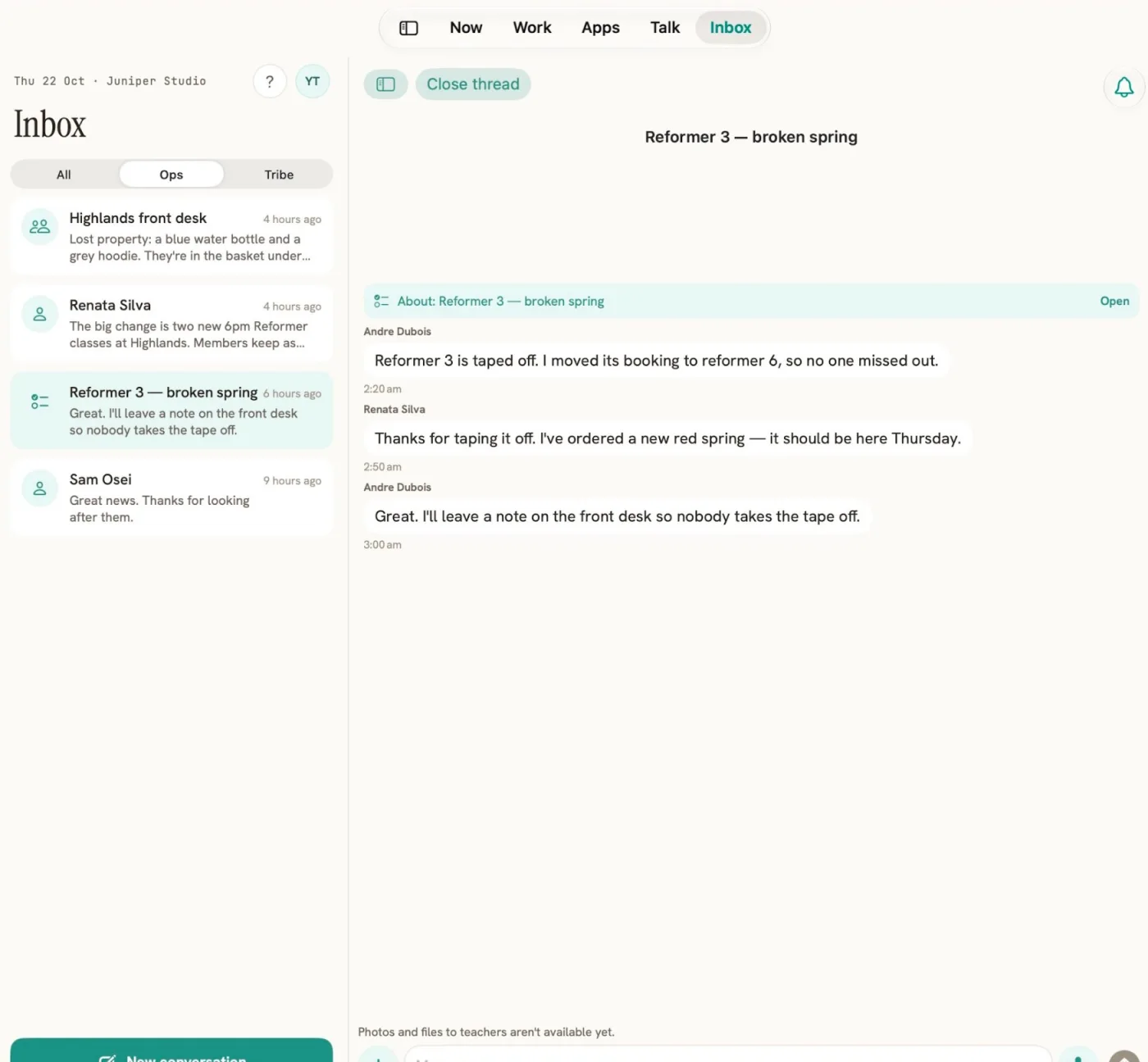 Kula Ops Inbox on an iPad: a thread about a broken reformer spring, with the front desk noting the taped-off equipment