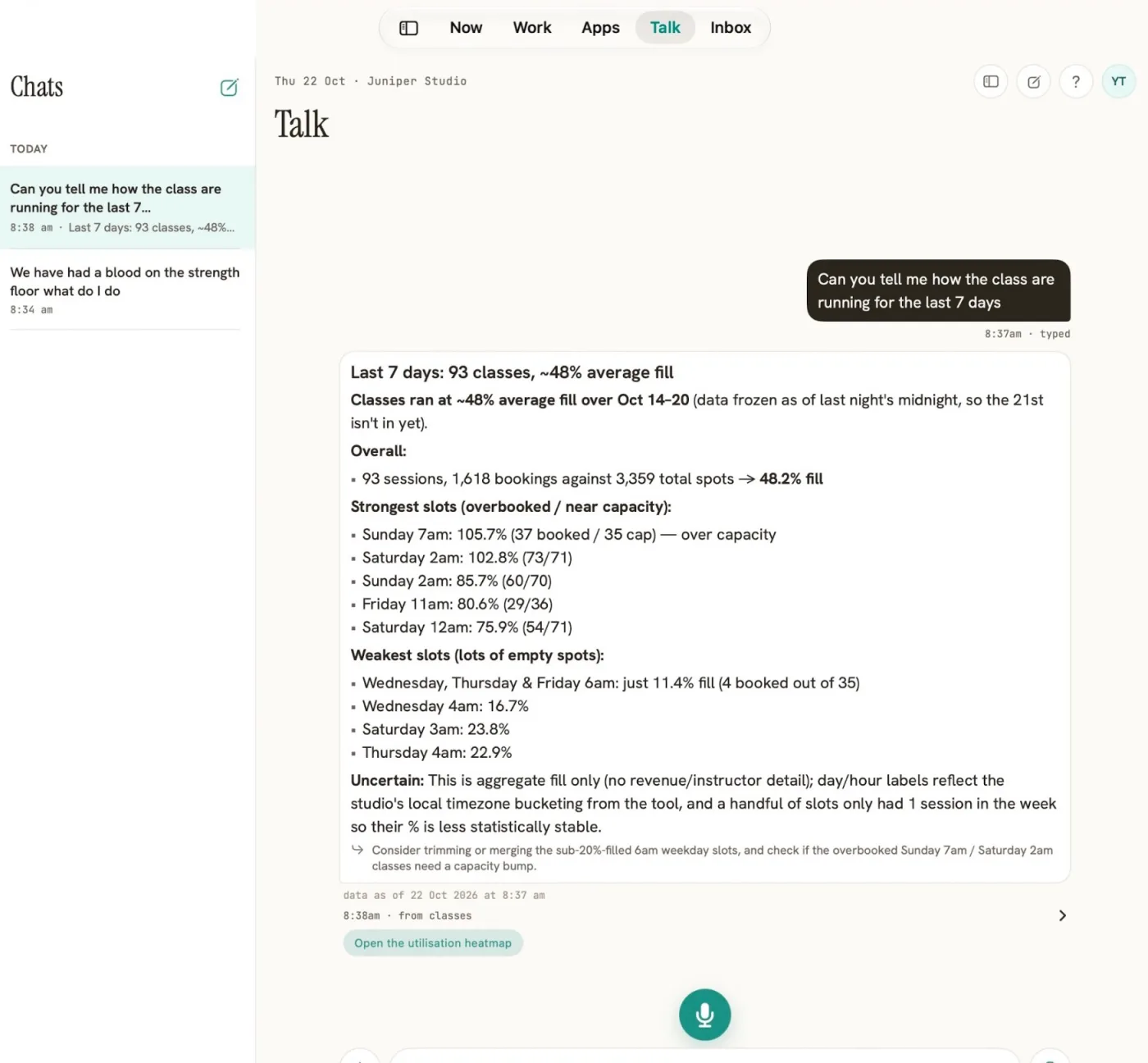Kula Ops Talk on an iPad: a plain-language answer about how classes ran over the last seven days