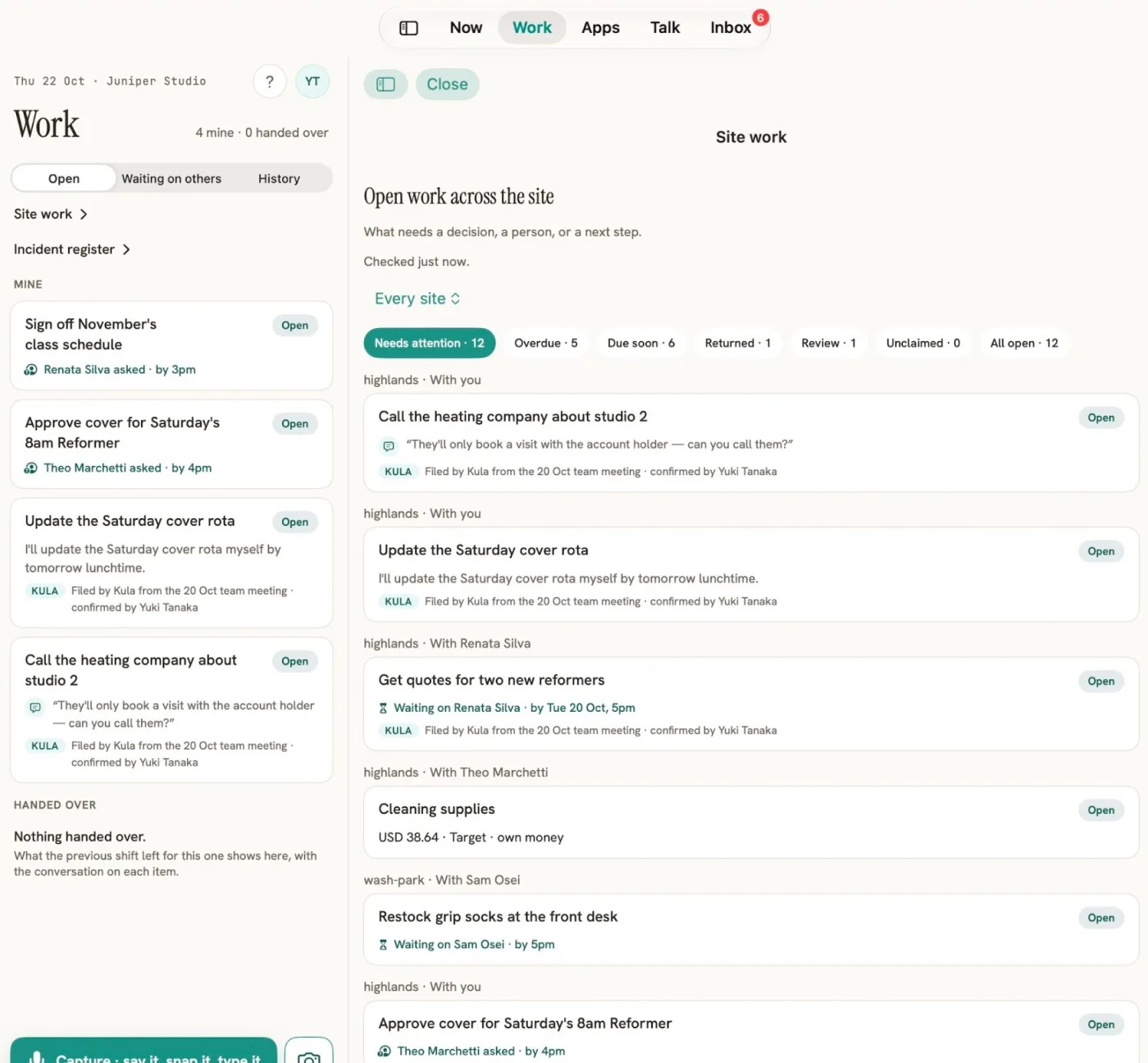 Kula Ops Work on an iPad: open tasks filed from a team meeting, with who each is waiting on and when it is due